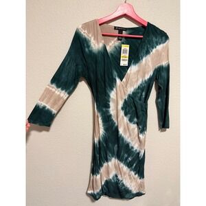 INC International Concepts Petite Tie Dye Wrap Dress Green Tan PM NWT
